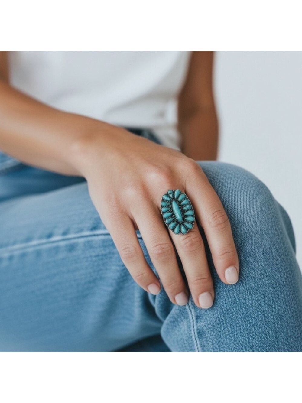 Clover Turquoise & Silver Cluster Ring- Adjustable